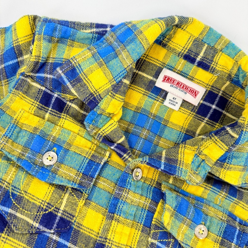 True Religion Kids Boys 4T Yellow Blue Plaid Long Sleeve Flannel Shirt Western‎